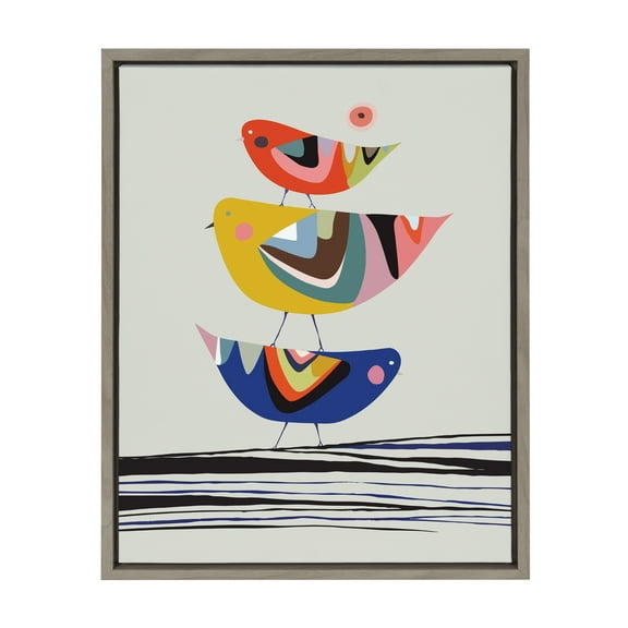 Kate and Laurel Sylvie The Family Tree Framed Canvas Wall Art by Rachel Lee, 18x24 Gray, Adorable Bird Art for Wall