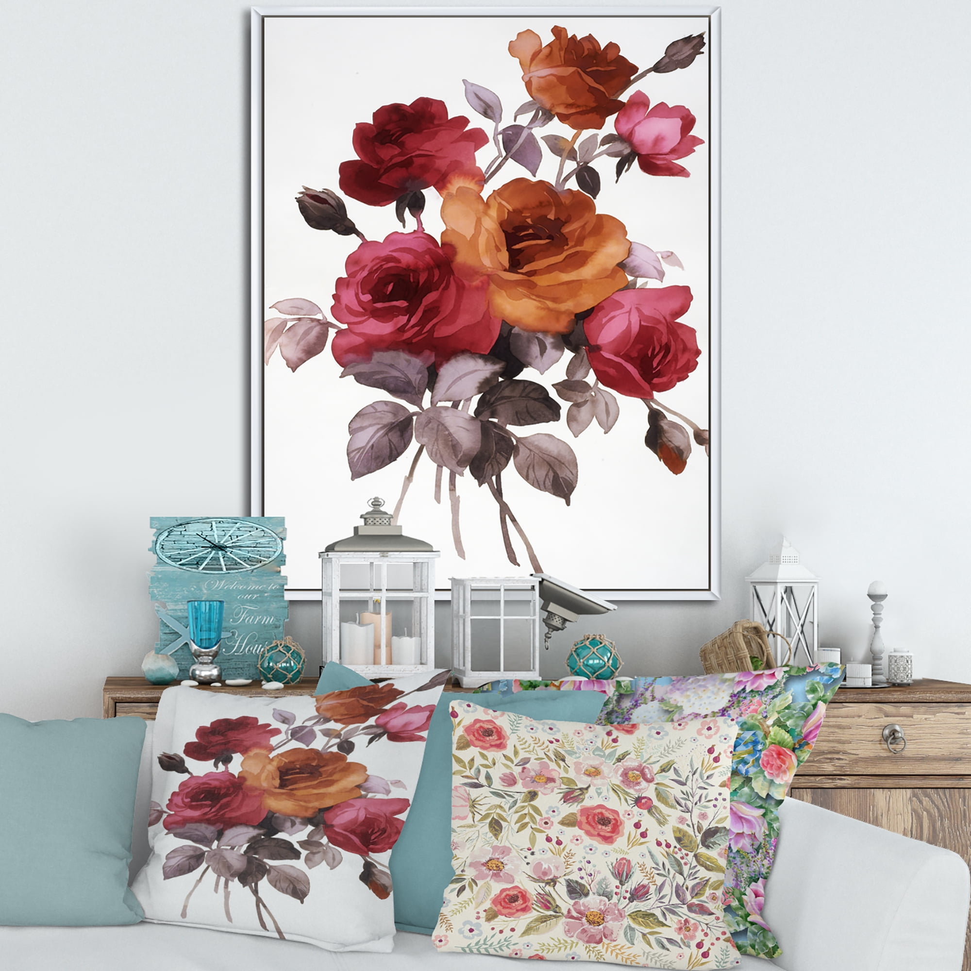 Designart 'Vintage Red and Orange Roses' Traditional Framed Canvas Wall Art Print
