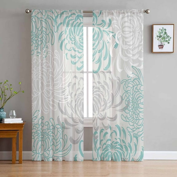 Aqua White Sheer Curtains 72 Inches Long 2 Panels Set, Window Sheer Curtains for Living Room/Bedroom, Abstract Grey Chrysanthemum Flower Floral Light Filtering Rod Pocket Curtain 52'' x 72'' x 2