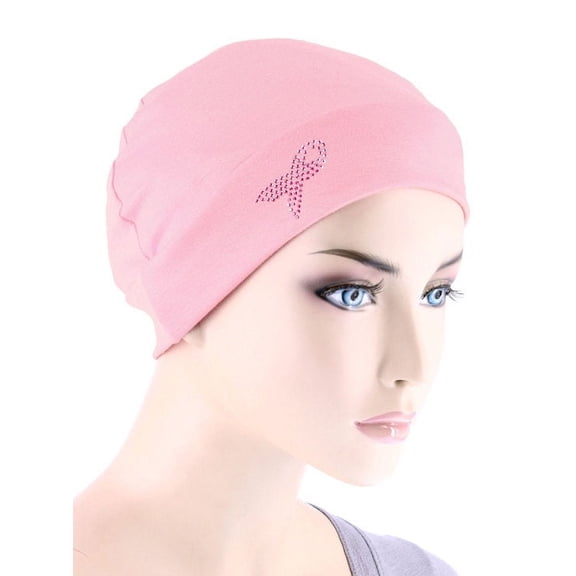 Chemo Cap Pink Ribbon Rhinestud in Pink