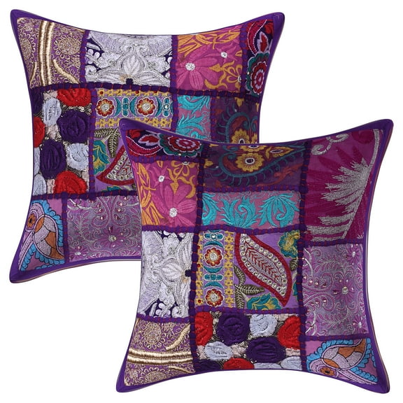 Stylo Culture Ethnic Cotton Decorative Throw Pillow Covers Purple 12 x 12 Bohemian Vintage Patchwork Ethnic Sofa Cushion Covers 30x30 cm Home Decor Abstract Square Pillow Cases | Set Of 2
