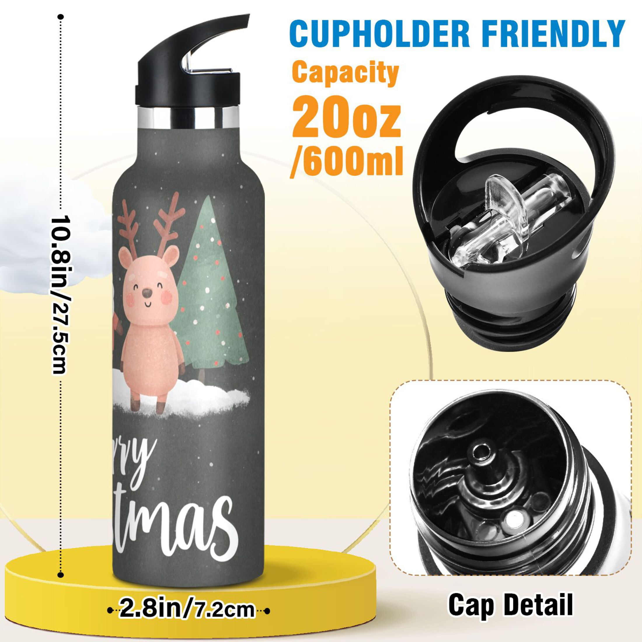600ML Stainless Steel Insulated Cup Sports Water Bottle Portable Thermos Cup Water Glasses Insulated Tumblers Convenient and Durable Cute Santa Claus and Deer