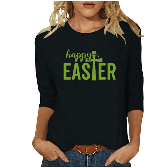 Honeeladyy Happy Easter Shirt for Women,Cute Letter Graphic 3/4 Sleeve Tops Spring Crew Neck Christian Religious Tees Gift Black L