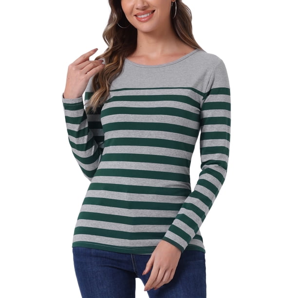 BLUSA DE MUJER INSPIRE CHIC, T-SHIRT CASUAL DE MANGA LARGA EN RAYAS DE BLOQUES DE COLOR, TAMAÑO S, VERDE OSCURO Y GRIS