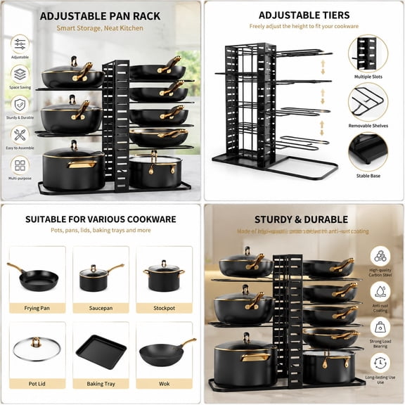 8-Tier Adjustable Pan Organizer Rack, Double-Sided Pot & Pan Storage Rack for Kitchen Cabinet or Countertop, Heavy-Duty Cookware Organizer, Black