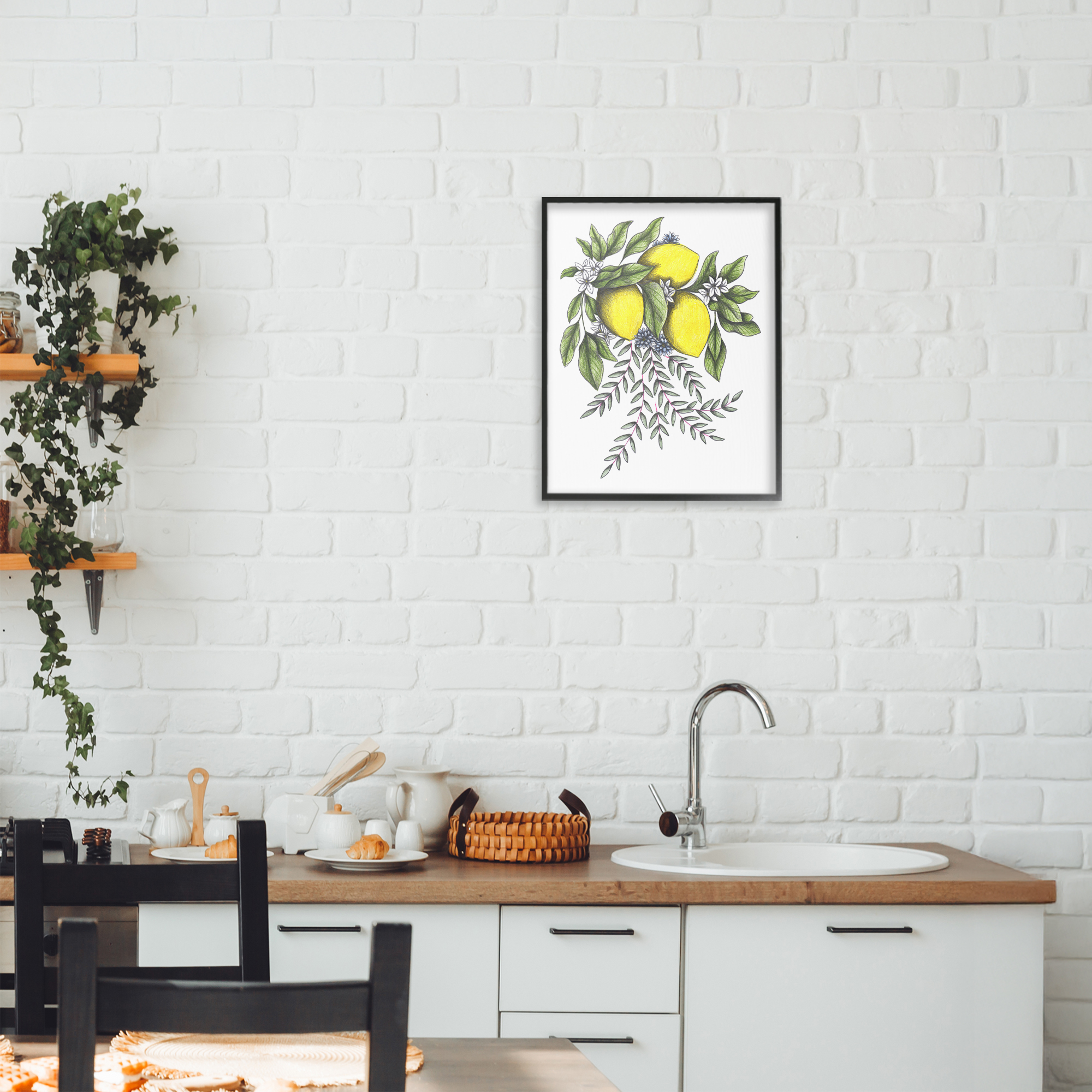 Lemons & Flowers Vintage Sketch Black Framed Giclee Art, design by Cecilia Battaini
