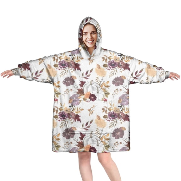 Wearable Oversized Blanket,Pioneer Flower Floral Print Pattern Wearable Blanket Hoodie for Adults,Cozy Hooded Blankets with Super Pockets,Super Warm Fuzzy Pullover for Women & Men