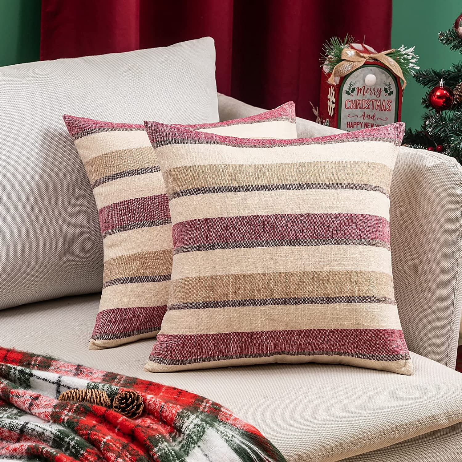 HTOOQ Christmas Decorative Striped Throw Pillows Covers Classic Retro Linen Modern Farmhouse Pillow Cases for Couch Living Room Sofa Set of 2 24x24 Inch Red and Brown Walmart