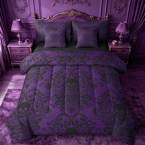 Homewish Baroque Floral 7-Piece Twin Bedding Sets,Spooky Ghothic Skeleton Bedding Comforter Set,Black Purple Sheet Sets For Adults,Ultra Soft Bedroom Decoration Reversible