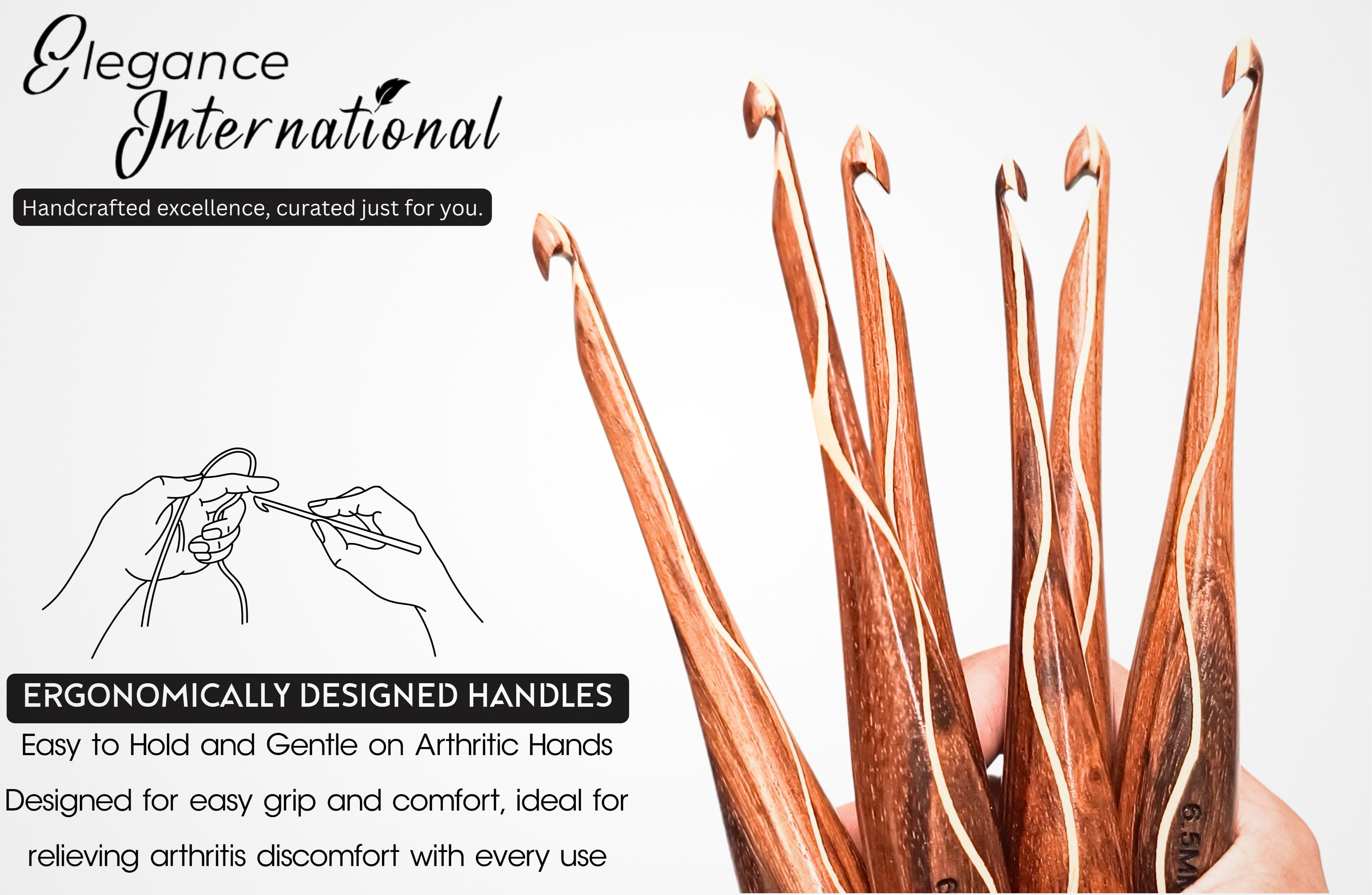 Wooden Crochet Hooks Set - 7 Sizes 4mm to 10mm - Crochet Hooks with Comfortable Grip - - Ergonomic Design for Arthritic Hands - for Crocheting, Knitting - Gifts for Her(Dsg1,Hooks, Stand, Bowl)
