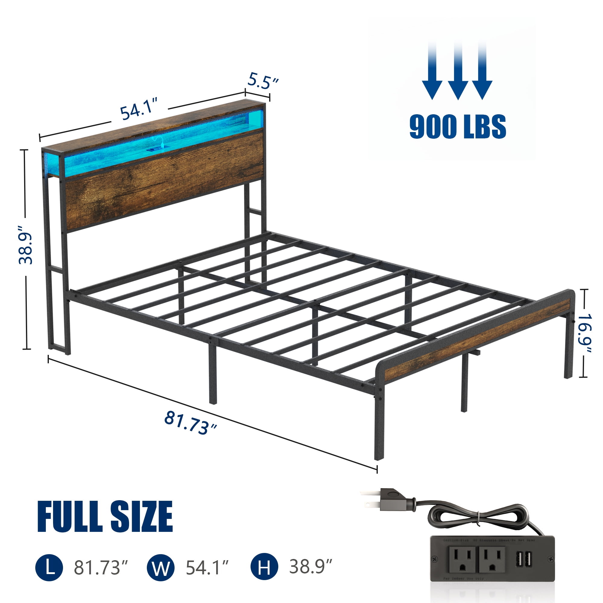 Leumius Full Size Bed Frame with Led Lights Storage Headboard,Heavy Duty Metal Bed Frame with Charging Station,Steel Slat Support, Noise Free,Antique Brown