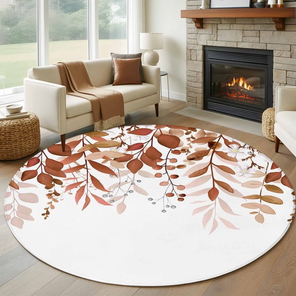 Round Area Rug 5 Ft, Brown Leaves Washable Non-Slip Circle Carpet for Living Room/Bedroom, Summer Botanical Low-Profile Runner Mats Collection Rugs for Indoor