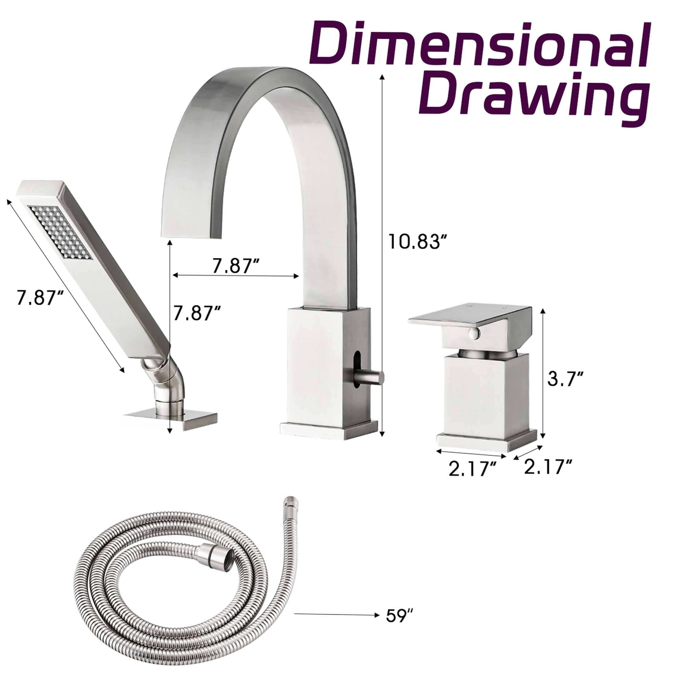 JERFIT 3-Hole Roman Tub Faucet with Hand Shower, Brushed Nickel Waterfall Bathtub Filler, Deck Mount Stainless Steel Spout Set
