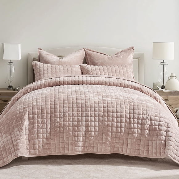 Juego de edredón RECYCO Luxury Velvet Full Queen con 2 fundas de color rosa