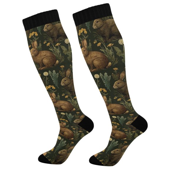 FORMRS Womens Knee High Socks Casual Long Thick Travel Daily Wear, 1 Pair, Brown Floral Rabbits Pattern