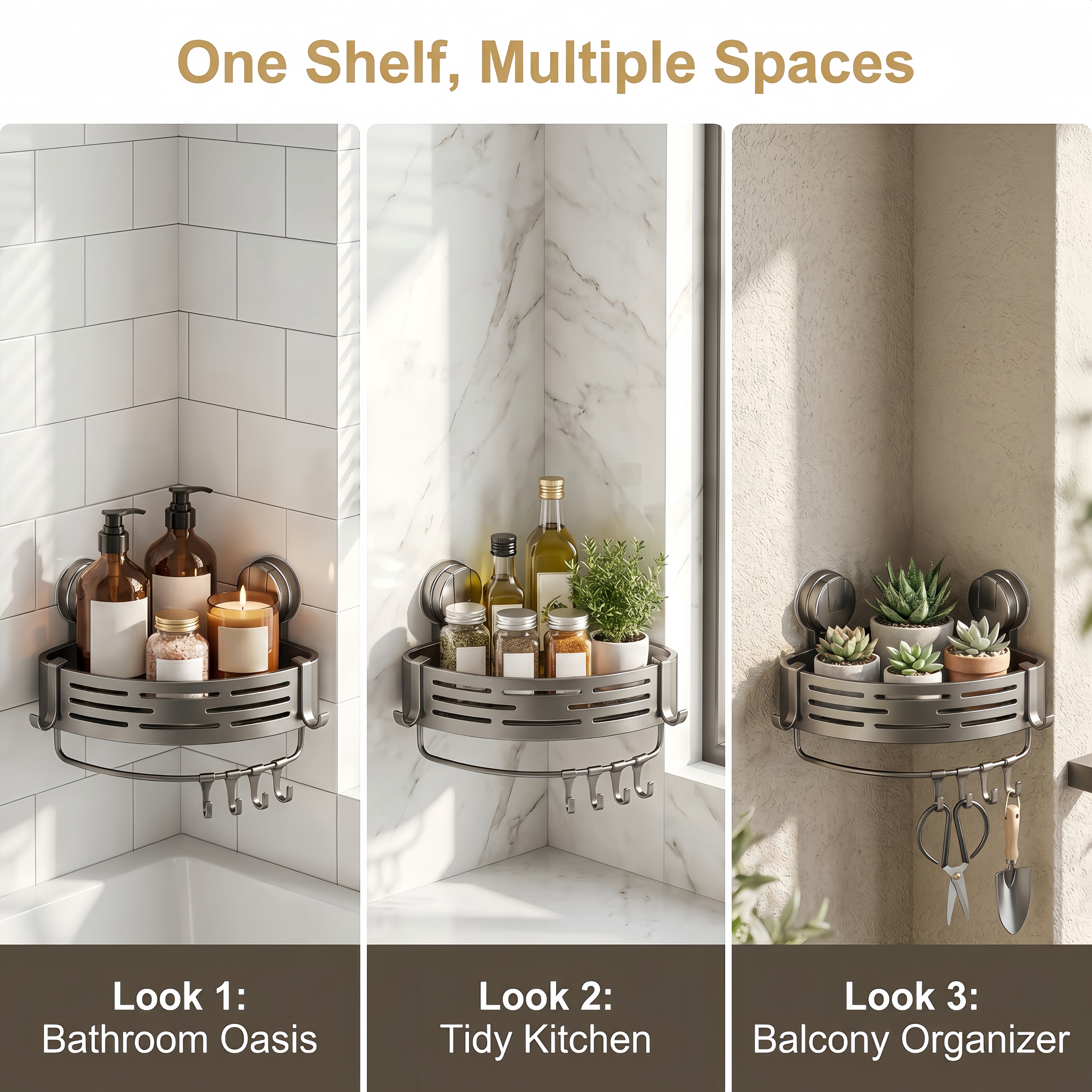 2 Pack Suction Corner Shower Caddy, No Drill Bathroom Organizer, Wall Mount Shower Shelves with Hooks, Removable Shower Caddies for Bathroom & Kitchen Storage