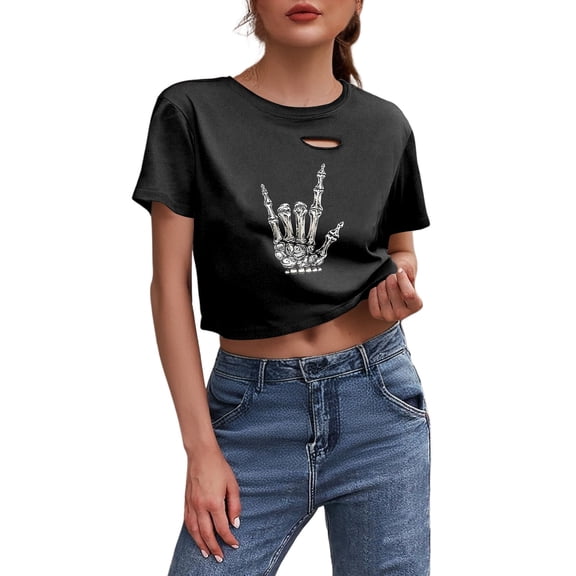 Lkhaha Women's Halloween Skeleton Print Cropped T Shirt Short Sleeve Round Neck Distressed Tee Casual Gothic Top For Fall Spring