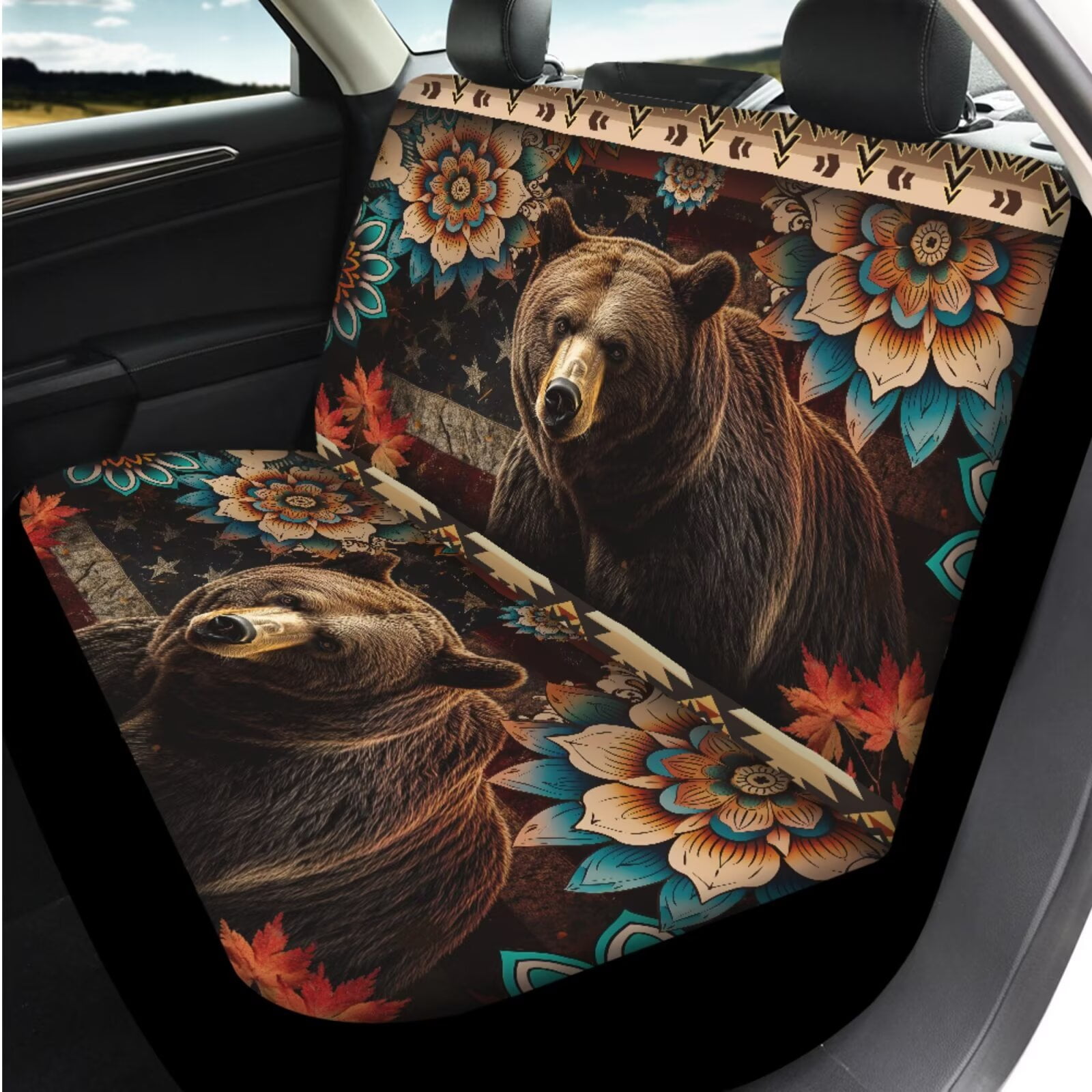 Garronmavis Aztec Bear 14 Pack Car Seat Covers Set with Car Headrest Protector Steering Wheel Cover Auto Armrest Cover Seat Belt Pads Keychain and Coaster Compatible with Most Cars,SUV