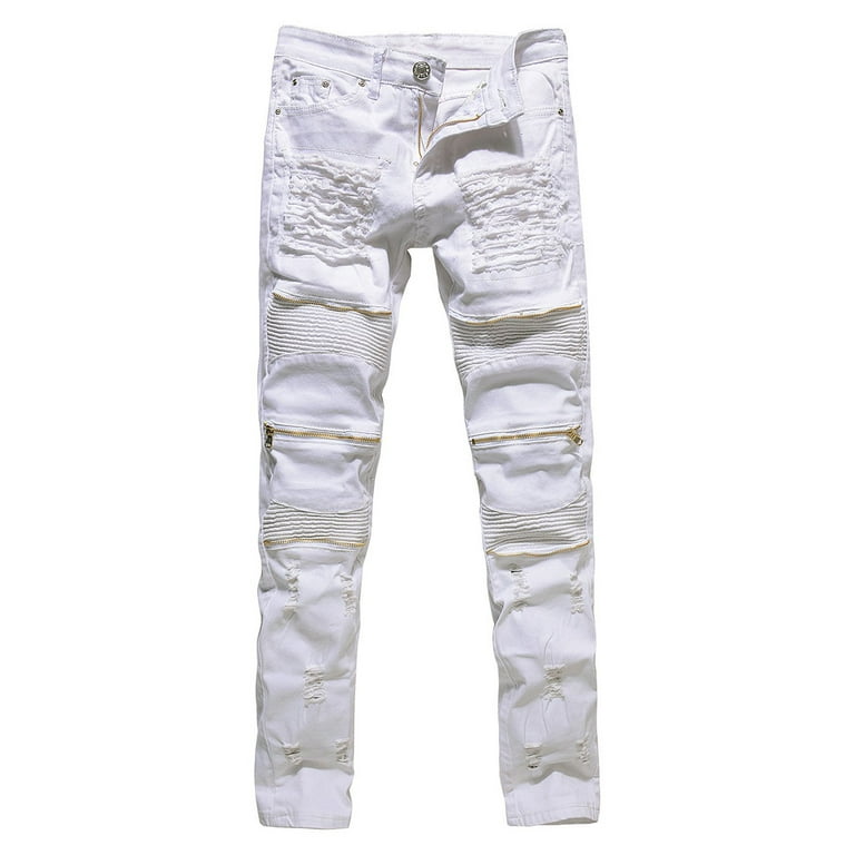 lige ud ødemark Ashley Furman Calsunbaby Men's Distressed Ripped Biker Moto Denim Pants Slim Fit Jeans  White 28 - Walmart.com
