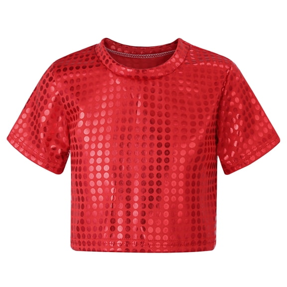 Girls' T-Shirts Short Sleeve Sequin Decor Tops Glitter Casual Shirts Soft Lightweight Tees For Party Festival Performance And Daily Wear Tees For Toddler Kids Blouses Red 170/(12-14 Years)