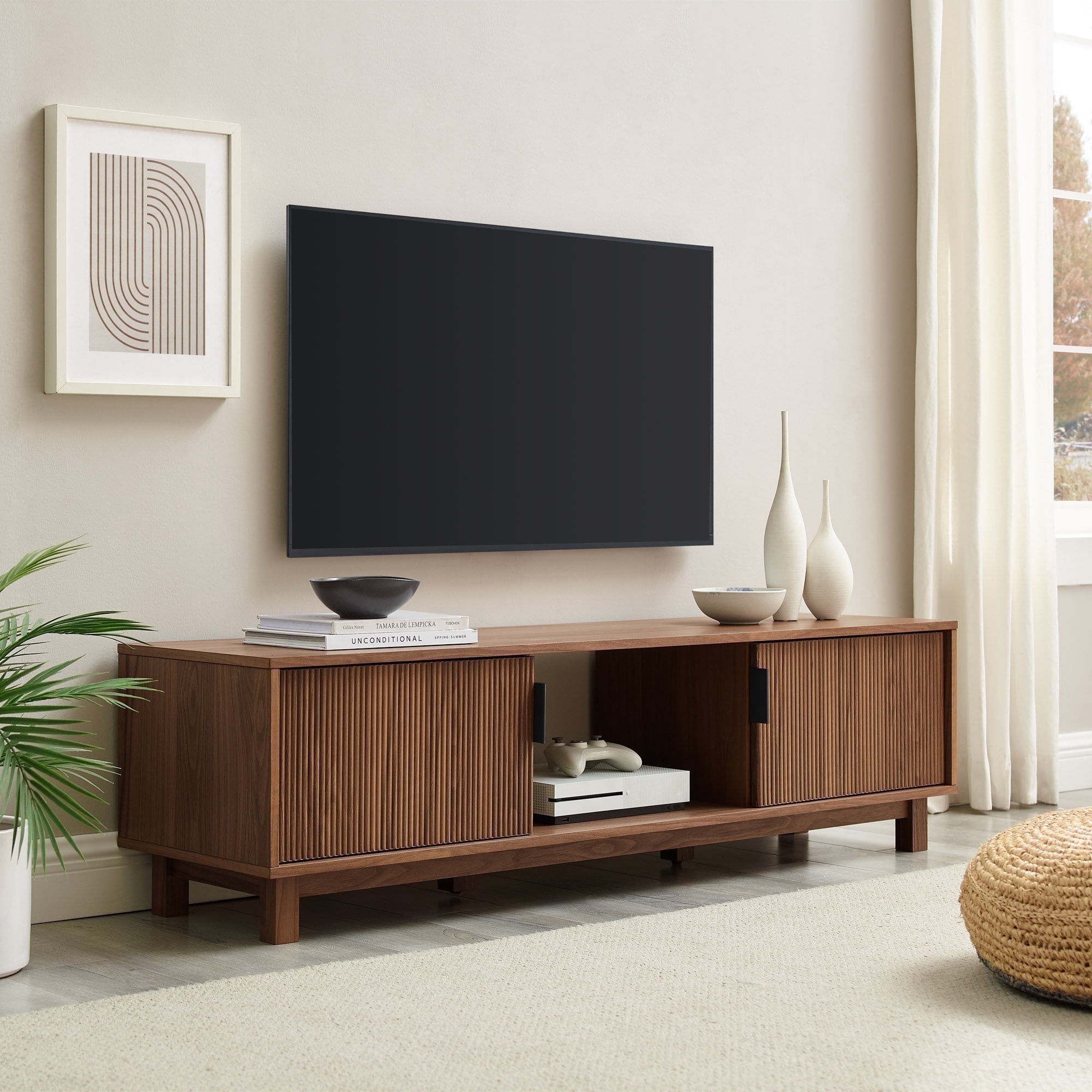 Manor Park Mid-Century Modern 2-Door Reeded TV Stand for TVs up to 65”, Mocha