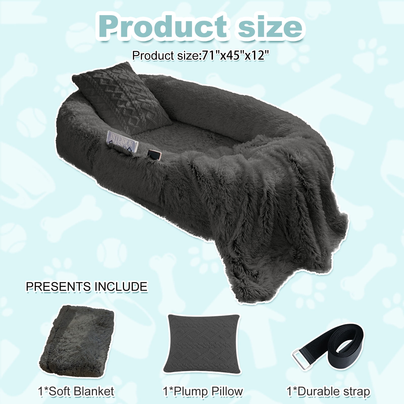 Dokdogs Human Dog Bed for Adults & Pets, 70"x44"x11" Oversized Faux Fur Lounger Bed with Washable Cover, Orthopedic Cushion, Pillow & Blanket, Dark Gray