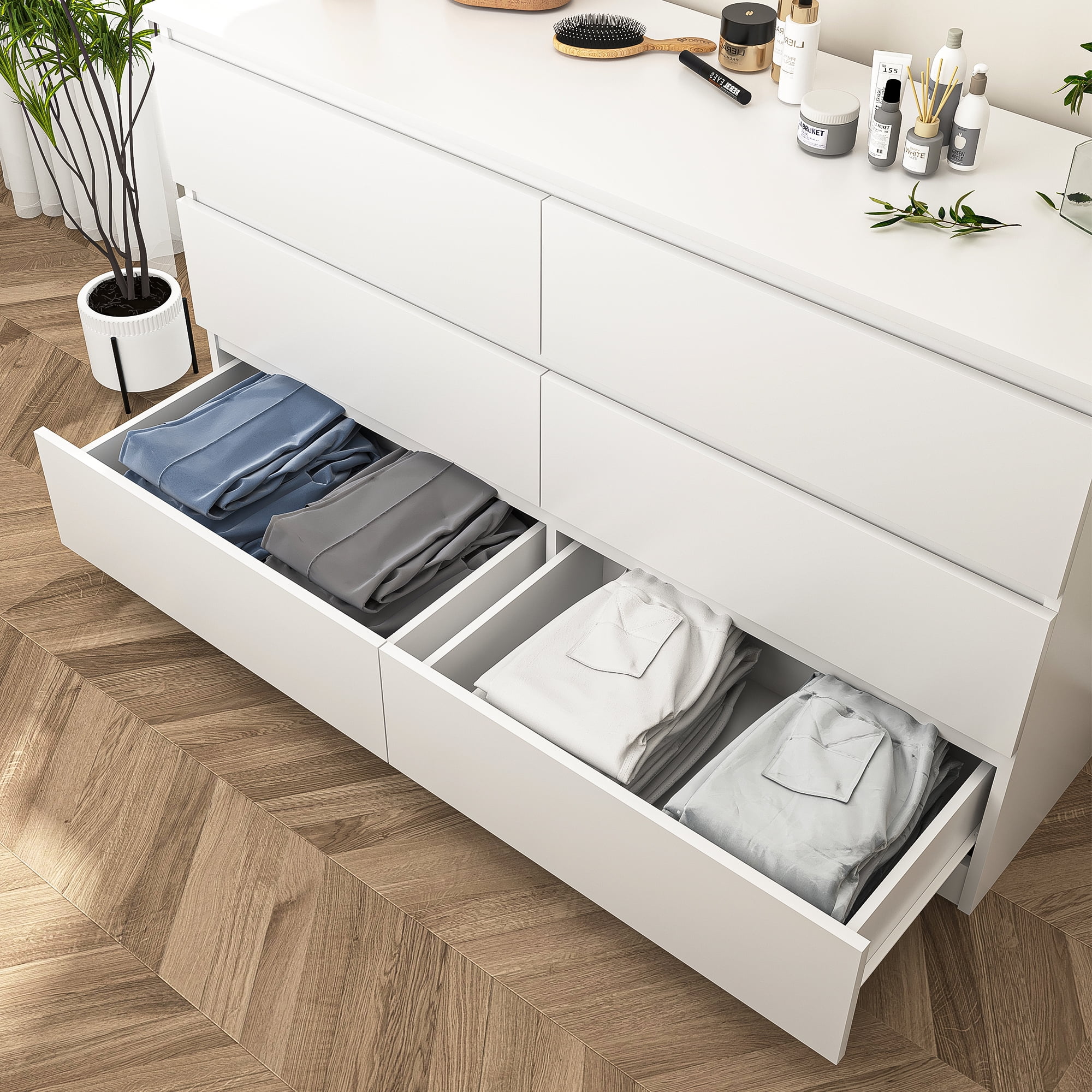 Spaco Wooden 6 Drawer Dresser, Large Modern Chest of 6 Drawers Night Table, TV Stand for 55" TV for Bedroom, White Spaco Wooden 6 Drawer Dresser, Large Modern Chest of 6 Drawers Night Table, TV Stand for 55" TV for Bedroom, White