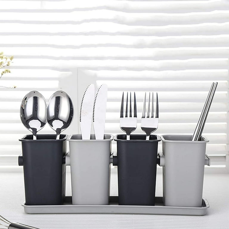 Y&ME YM Utensil Holder for Kitchen Counter, Wood Utensil Organizer with 2  Compartments, Utensil Caddy and Silverware Organizer for Kitchen Decor,  Grey