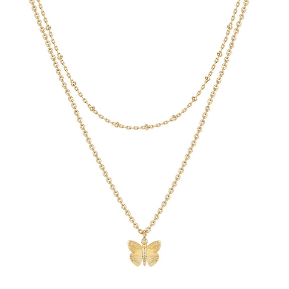 18K Gold Plated Butterfly & Heart Layered Bead Necklace, Handmade Dainty Multi-Layer Choker Long Pendant Jewelry for Women