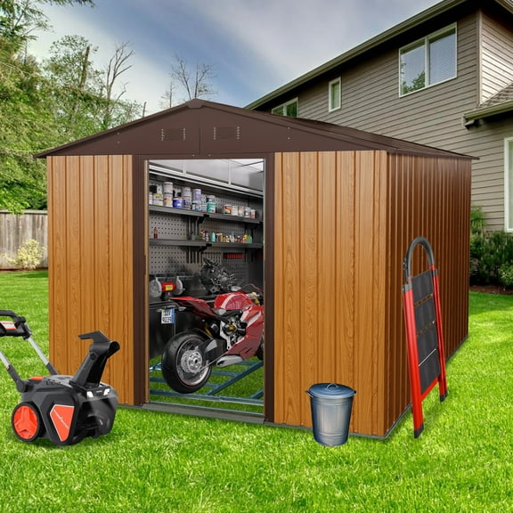CoSoTower 10Ft X 8Ft Outdoor Metal Storage Shed with Metal Floor Base,Coffee