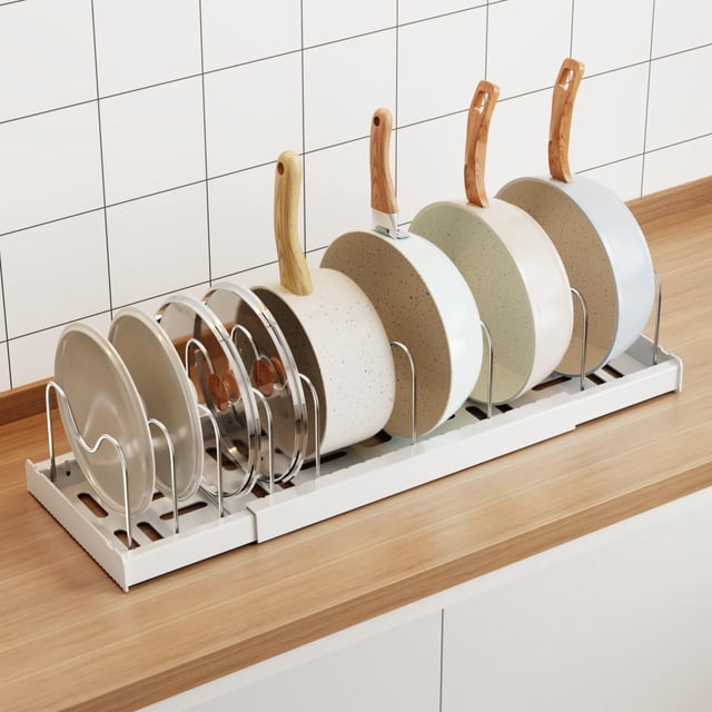 Organizador de Sartenes y Ollas Corredero Porta Sartenes de Cocina Acero inoxidable 9 Compartimentos Ajustables Estante Tapas de Ollas Cajon Blanco Tofaney