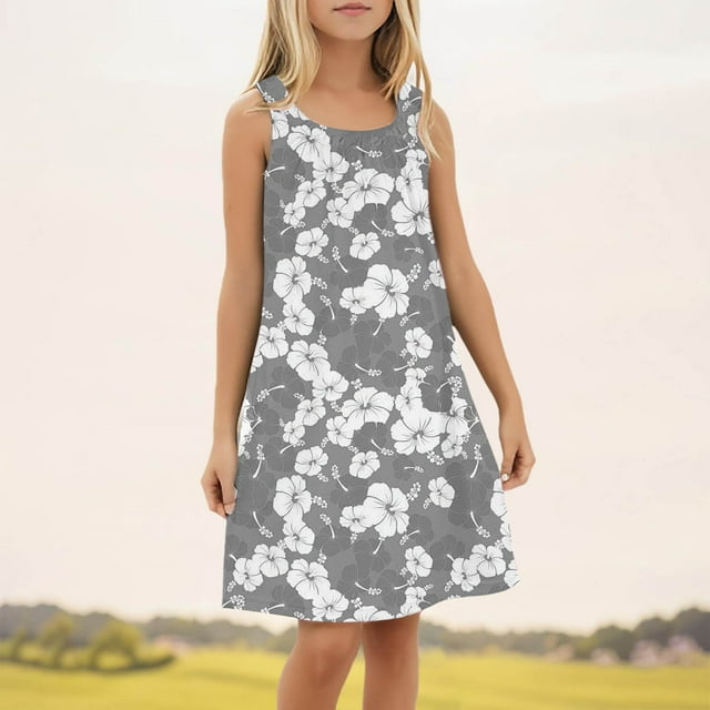 Robes pour Bébé Fille Enfants Tout-Petits Filles Été Imprimé Fleuri Robes Débardeur Sans Manches Plage Natation Robe Robe Ado Fille Gris 7 Ans-8 Ans