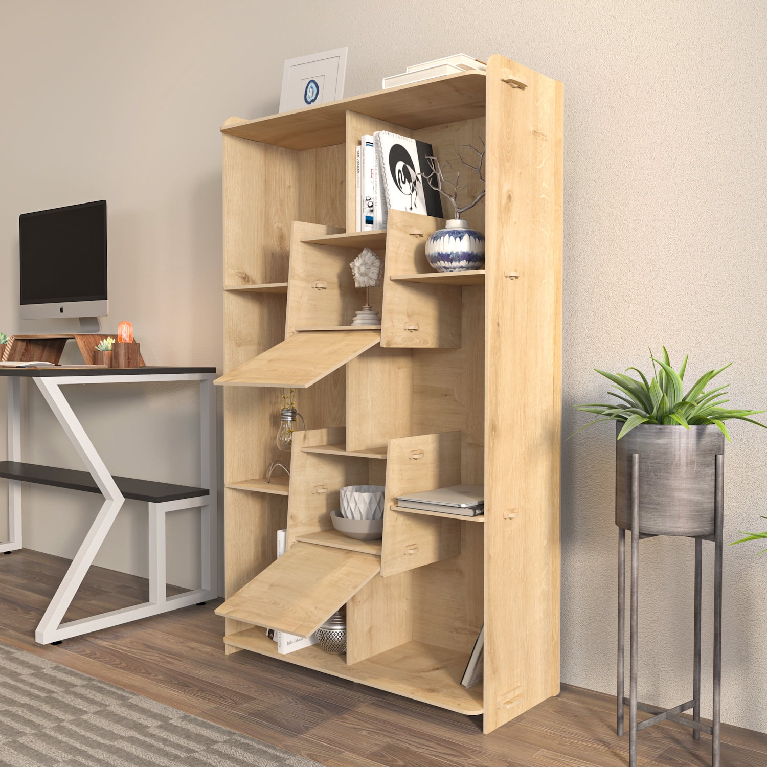 Pana 55'' Long Bookcase Bookshelf Display Unit for Living Rooms or Home Office Natural Oak Finish