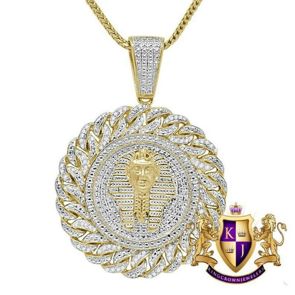 Real Genuine Diamond 0.50 Cwt. Egyptian Pharaoh King Tut 10k Yellow Gold Over Charm Pendant Chain Set 2''