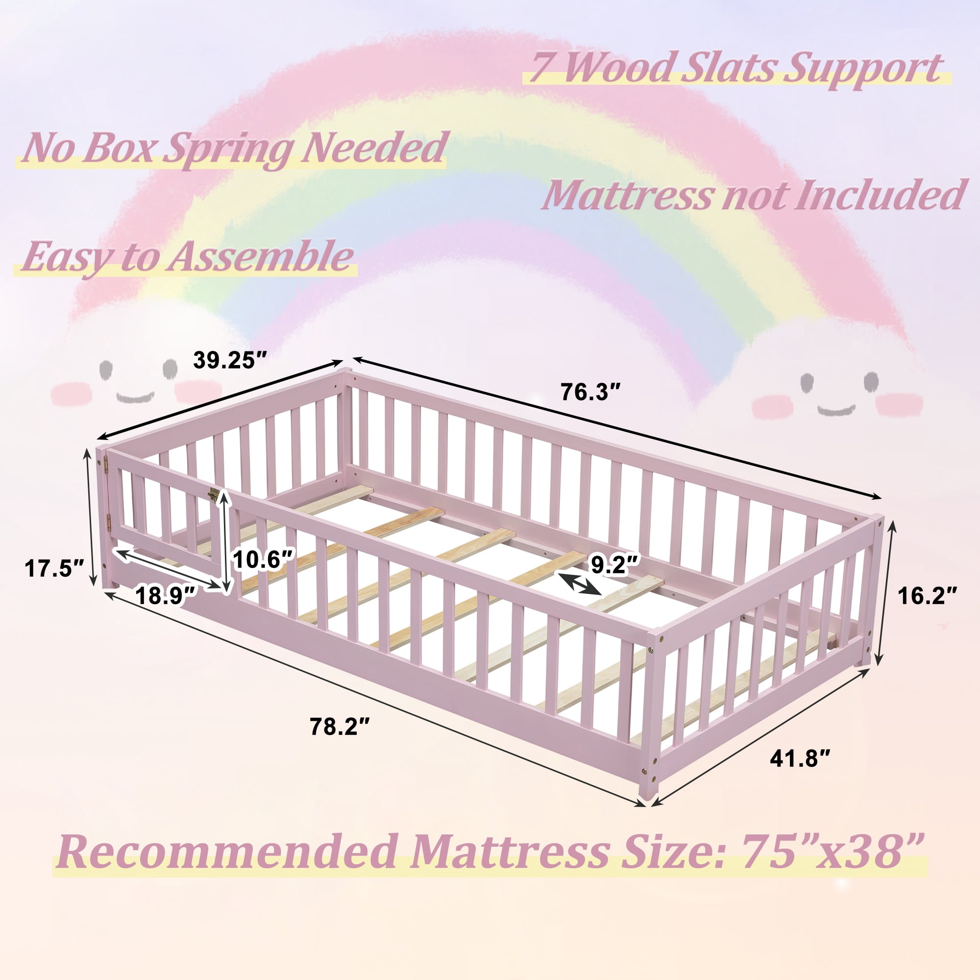 Twin Size Kids Toddler Floor Bed with Door and Fence, UHOMEPRO Montessori Floor Bed with Slats and Safety Guardrails, Solid Wood Twin Bed Frame for Bedroom, Pink