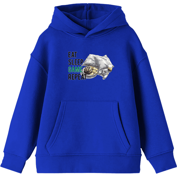 Eat, Sleep, Game, Repeat Youth Royal Blue Long Sleeve Hoodie-XS