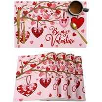 Pink Valentine''s Day Placemats Set of 6, Red Love Heart Tree Heat Resistant Washable Table Mats Be My Valentine Cotton Table Linens Party Holiday Decor for Home Kitchen Dining Table Outdoor Indoor