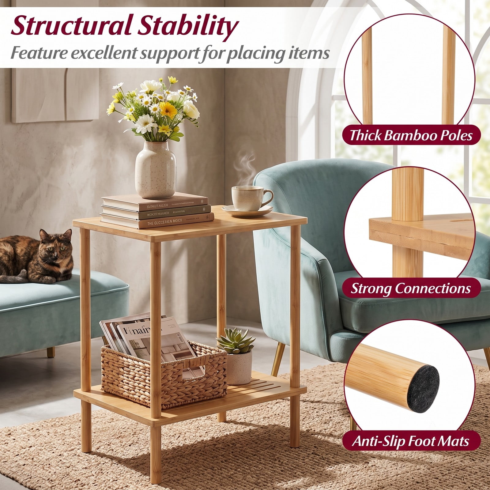 Furnibear Side Table Set of 2, 2-Tier Bamboo End Table with Storage Shelves, Rectangular Sofa Tea Table Nightstand for Living Room Bedroom, Natural