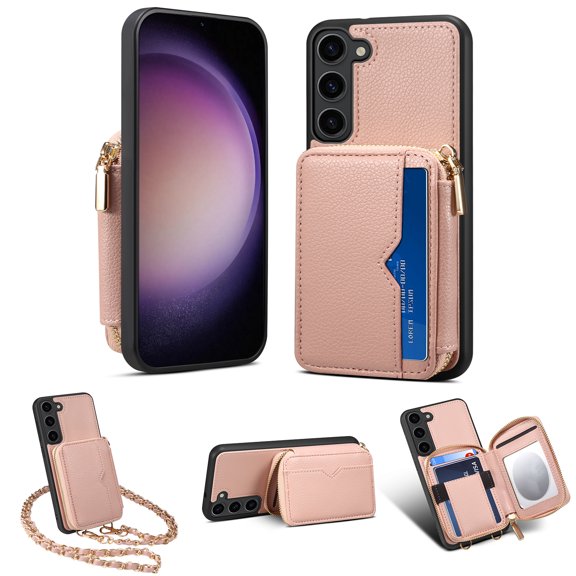 Nalacover for Samsung Galaxy S22 Plus Crossbody Wallet Case for Women Men,Premium PU Leather Zipper Pocket ID Credit Card Slots Kickstand Phone Case with Removable Metal Shoulder Strap,Pink