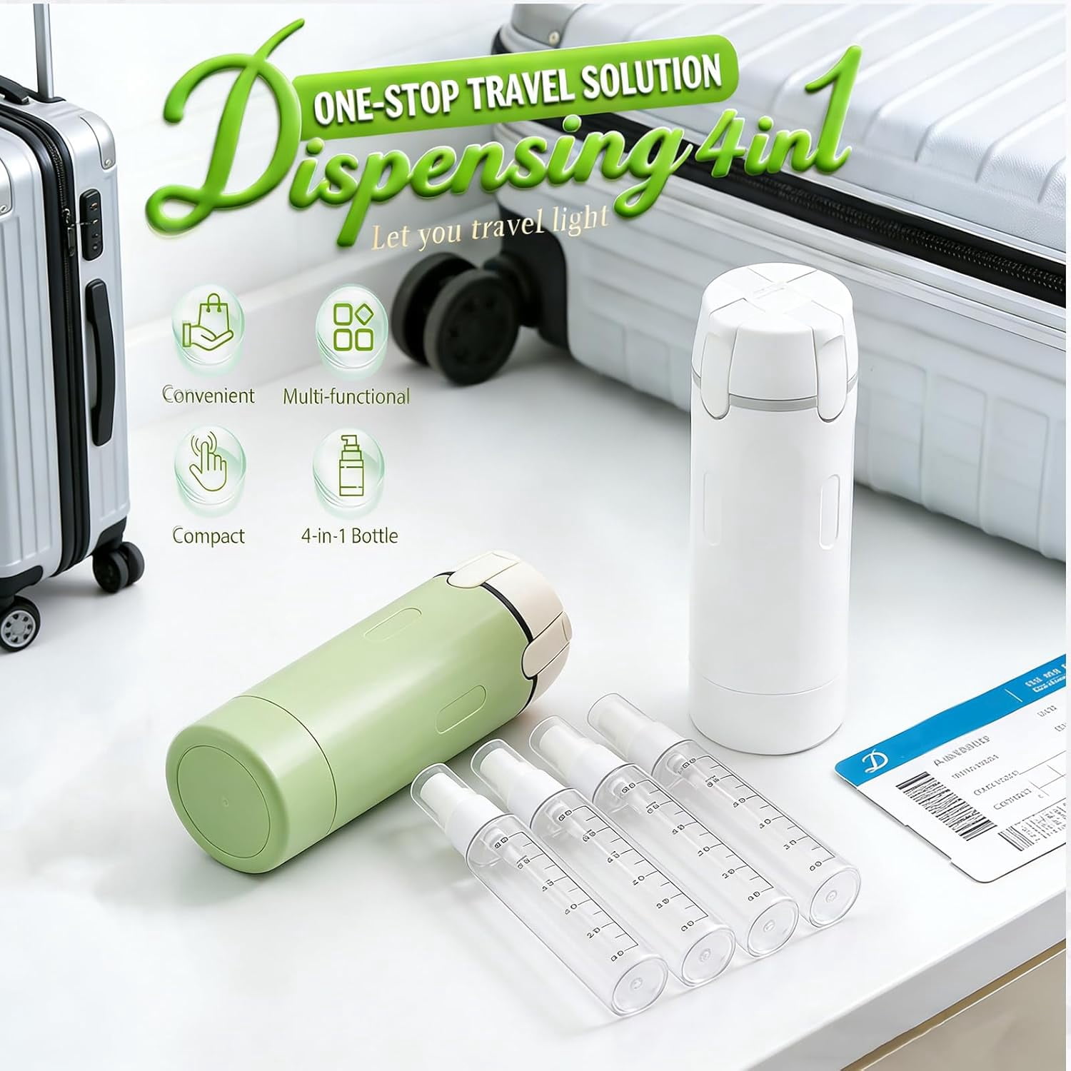 4 in 1 Travel Dispenser Bottles, Leak Proof Travel Bottles for Toiletries, 4 Pack 30ML Refillable Travel Size Containers for Shampoo, Onditioner, Travels Essentials (Green)