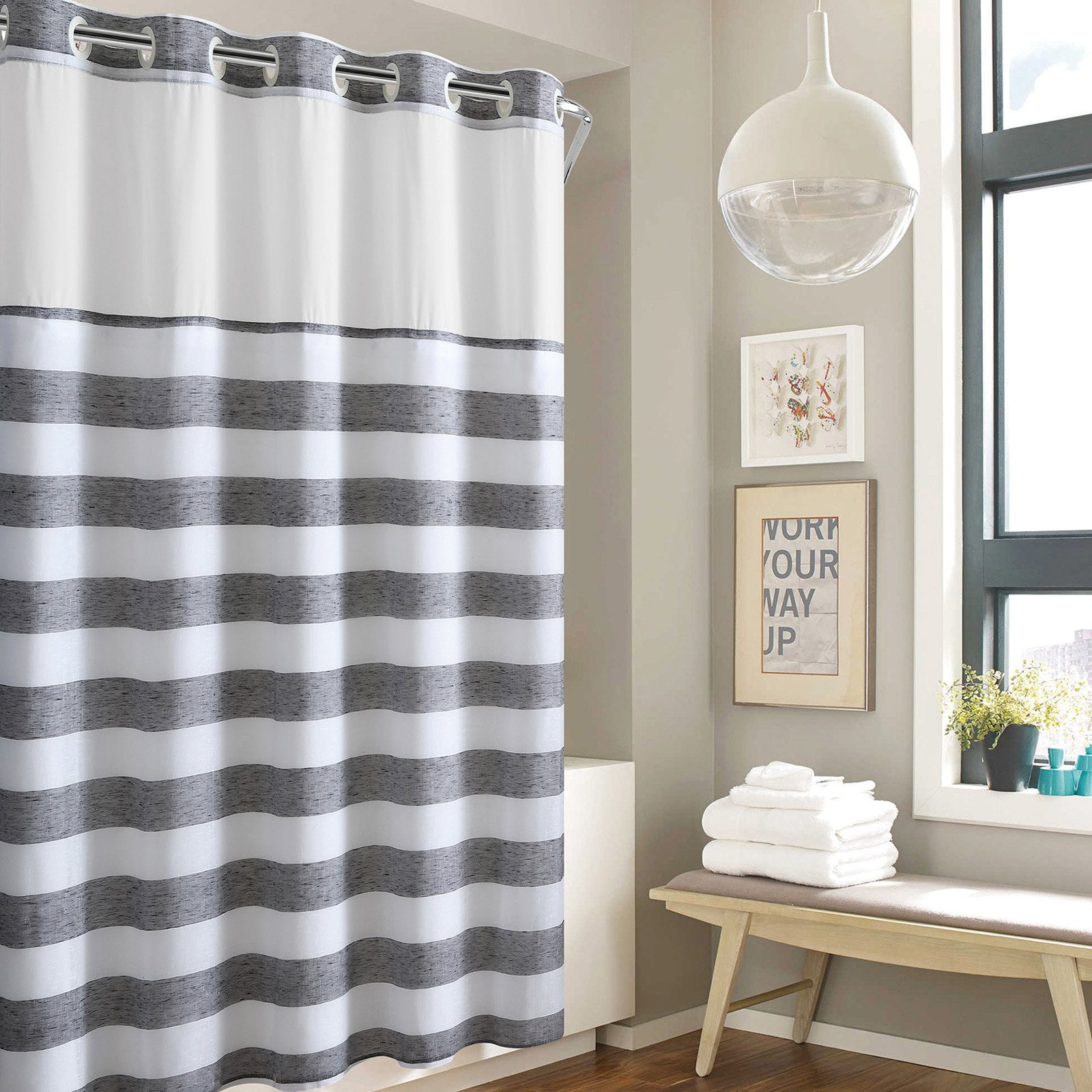 Grey and White Fabric Shower Curtain for Bathroom with 12 Hooks, Neutral  Stripe Lines Waterproof Tex…See more Grey and White Fabric Shower Curtain  for