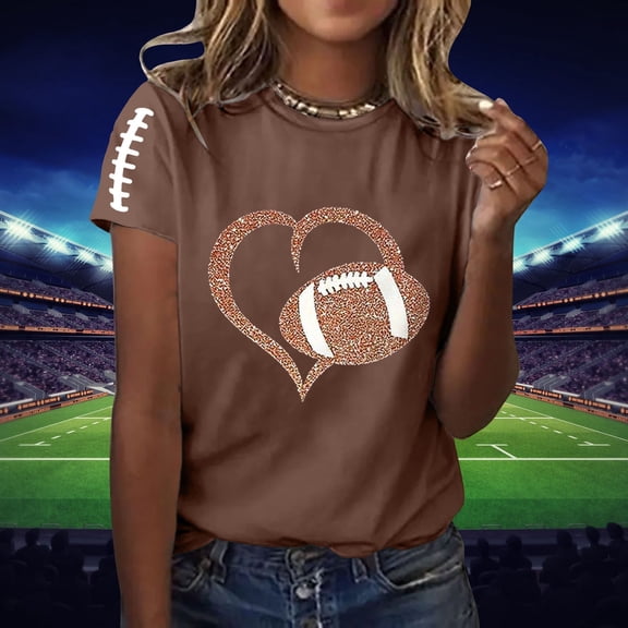 Graphic Tees for Women T-Shirts Feminine Bow Football Print Comfort Round Neck Tee for Everyday Wear Blue L