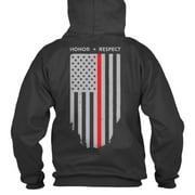 Hoodie - Thin Red Line American Flag, Honor & Respect, Black, Large