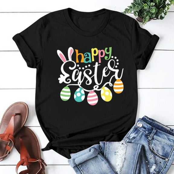 BOOMILK Easter T Shirts for Women Day Short Sleeve Crewneck Cute Rabbit Letter Printed Casual Tee Tops