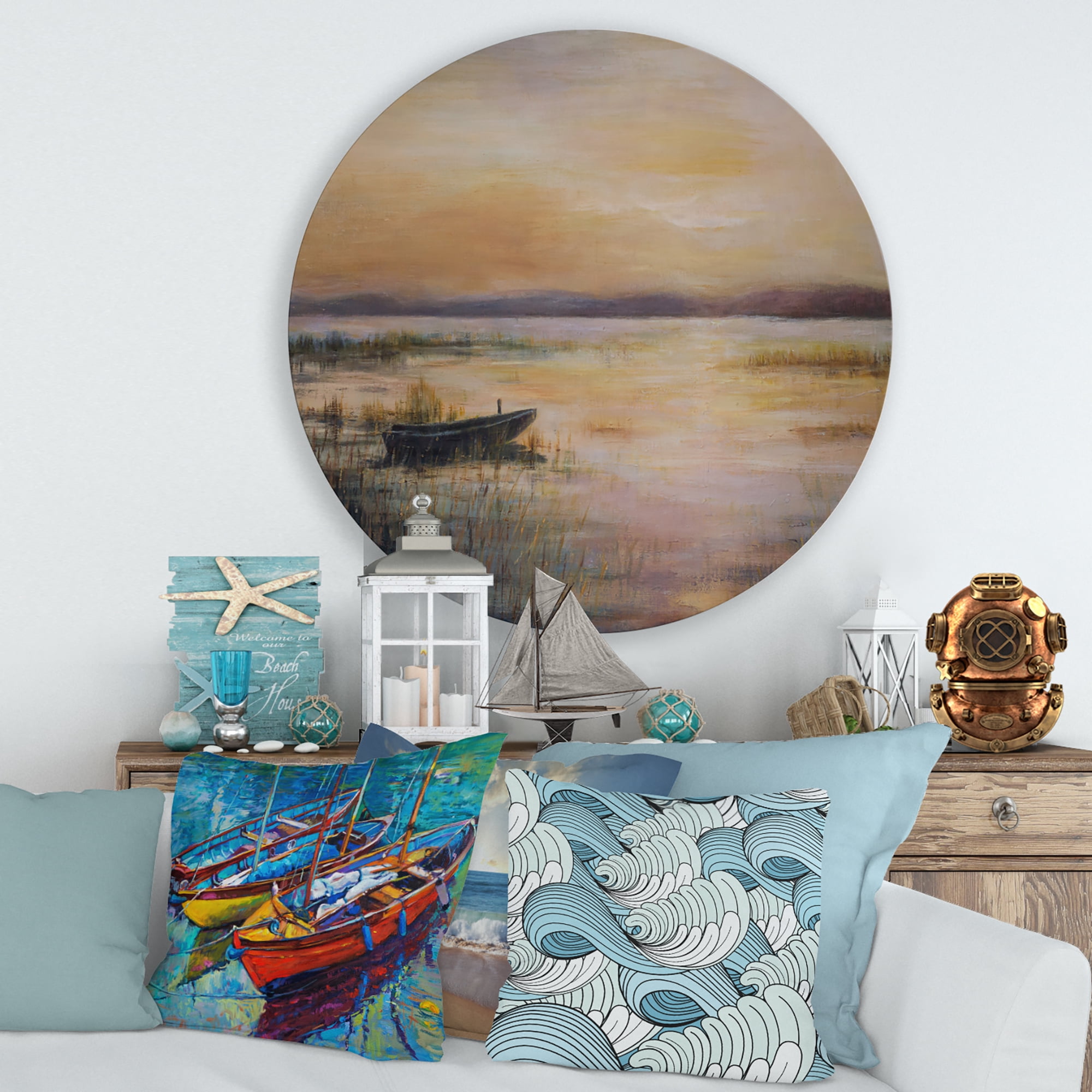 Designart 'Pastel Boat Sunset Over The Lake' Nautical & Coastal Circle Metal Wall Art 36x36 - Disc of 36