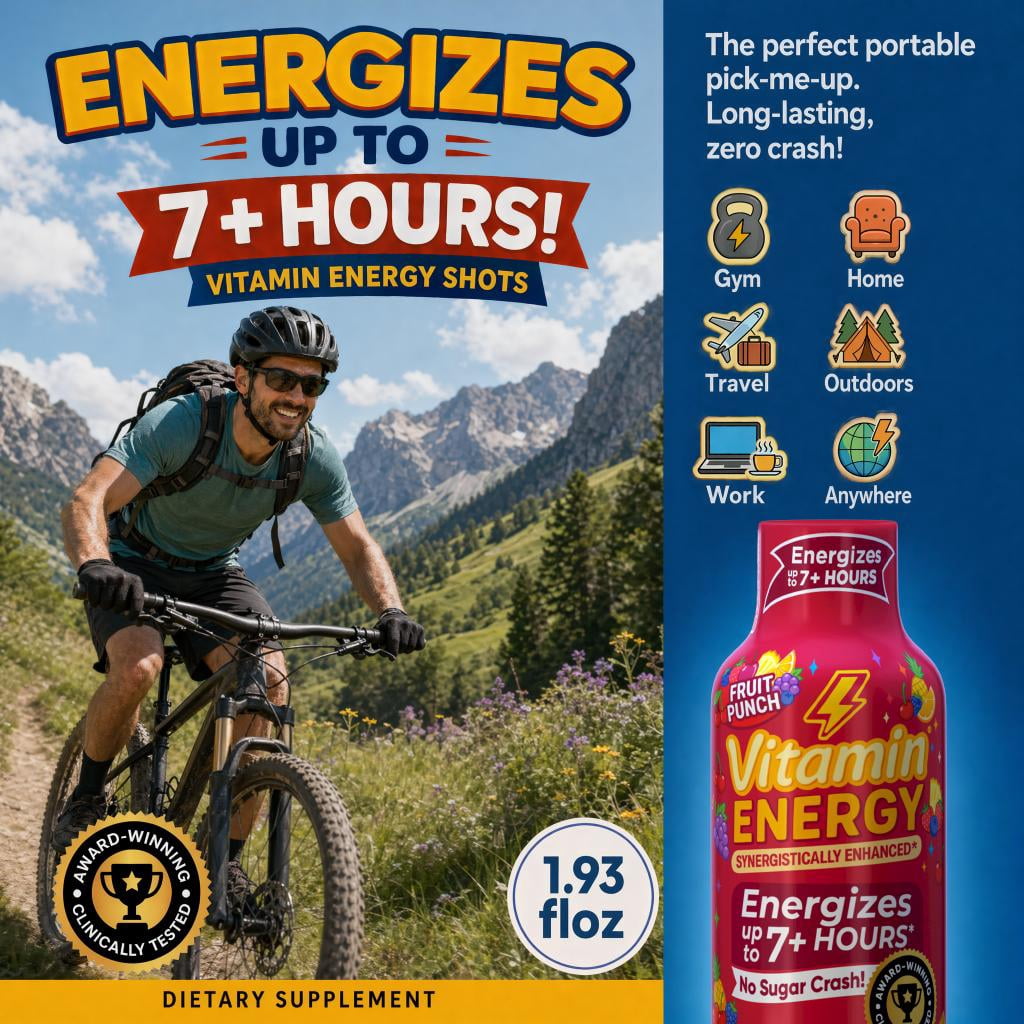 Vitamin Energy Focus+ Extra Strength Shot, Fruit Punch, 12 Pack – 260mg Natural Caffeine, CoQ10 & B-Vitamins, Zero Sugar, 1.93 fl oz