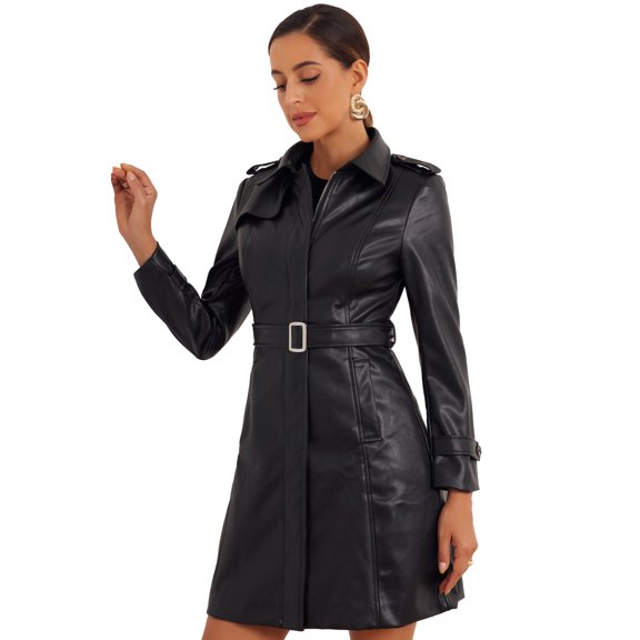 DARING DIVA Women's Lapel Zip Front Faux Leather Long Jacket XS Black