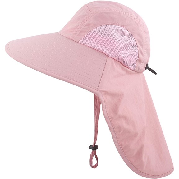 Muryobao Kids Child Girls Boys Summer Sun Hat Wide Brim UV Protection UPF50 Hats Mesh Bucket Cap for Beach Fishing with Neck Flap Pink