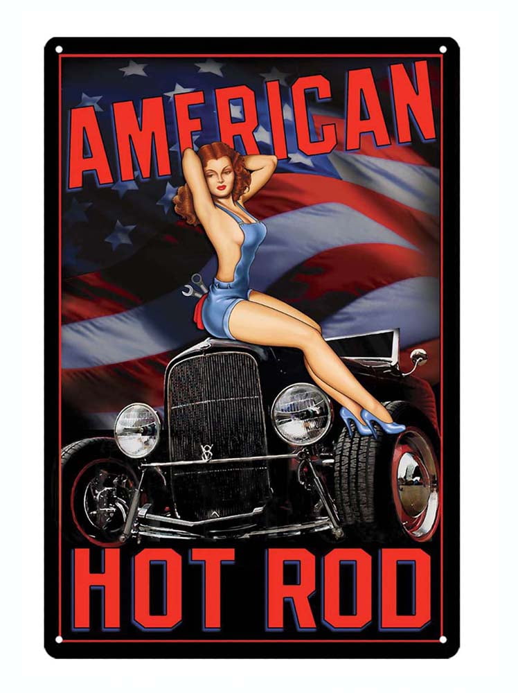 American Hot Rod Pin Up Girl Metal Tin Sign Vintage Style Reproduction