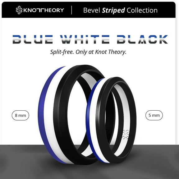 Blue White Black Stripe Silicone Ring for Men and Women 8mm Bandwidth